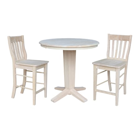 International Concepts 36 in.Round Counter Height Extension Dining Table w/12 in.Leaf and 2 Stools in Unfinished-3 Pc. Set K-36RXT-23B-S6162-2